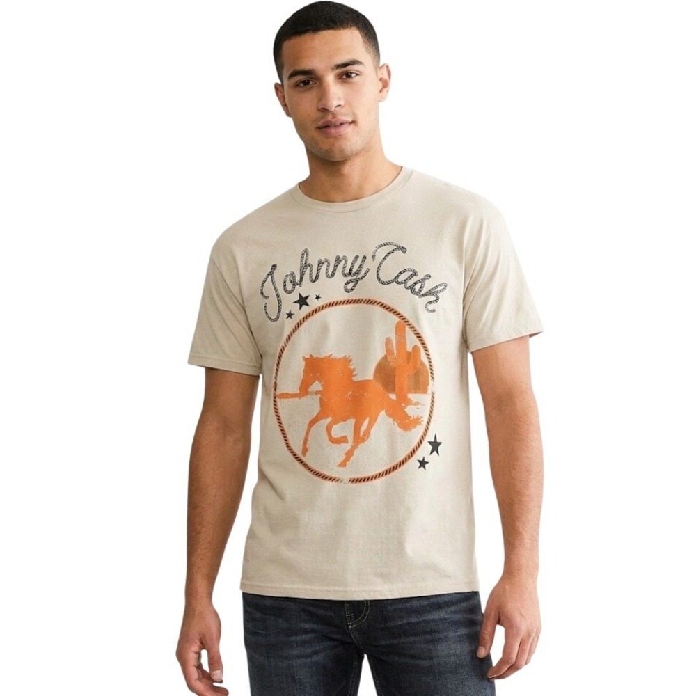 Johnny Cash Shirt Mens XL Beige Western Graphic Horse Cactus‎ Tee Country Music